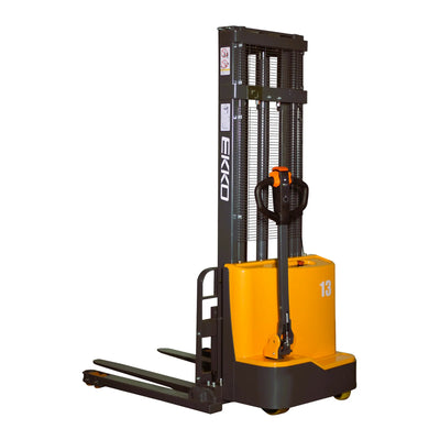 EKKO EB13C-118 Fully Electric Walkie Stacker – 2,800 lb Capacity, 118" Lift, 75" Mast, Adjustable Forks, 24V Maintenance Free Battery