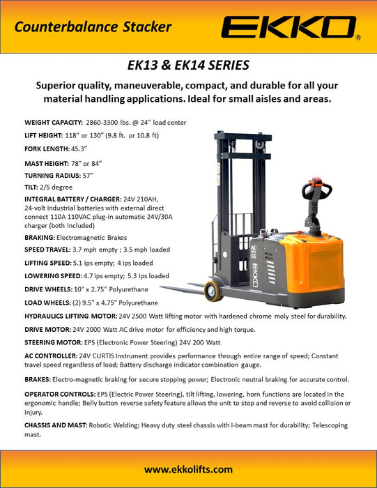 EKKO EK14-118/130 Counterbalanced Walkie Stacker 3300 lb - view 4