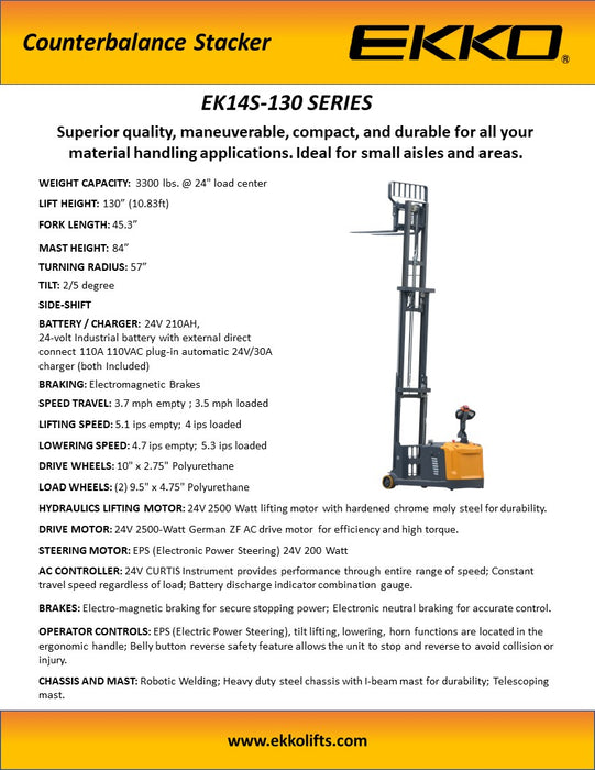 EKKO EK14S-130 Counterbalanced Walkie Stacker SIDE-SHIFTING - view 4