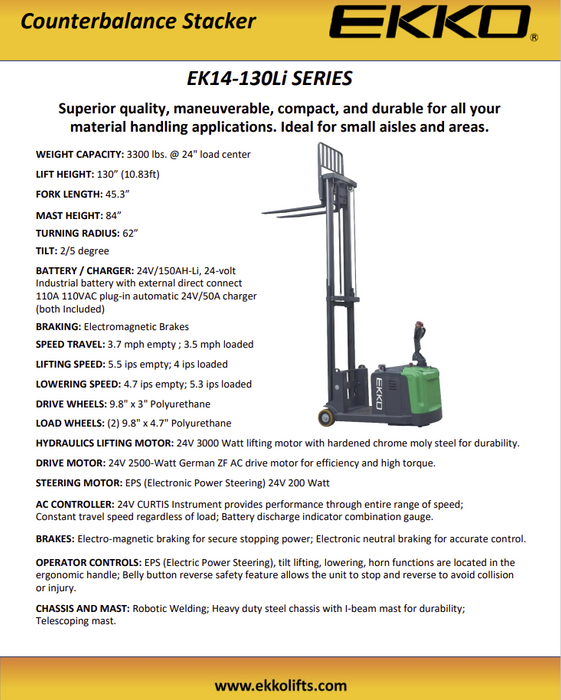 EKKO EK14-130Li Lithium Powered Counterbalanced Walkie Stacker - view 3
