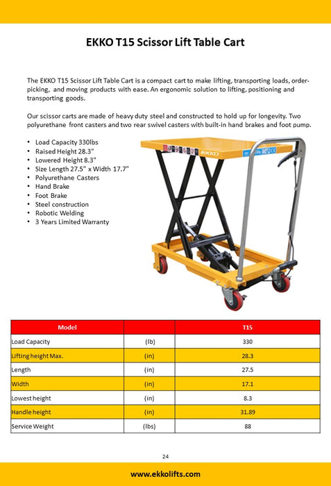 EKKO T15 Scissor Lift Table Cart 330 lb Capacity - view 3
