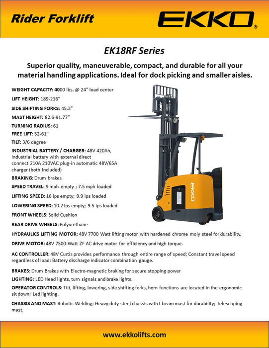 EKKO EK18RF Stand-up Rider Forklift, 4000 lb Capacity, 216" Lift Height 48V - view 4