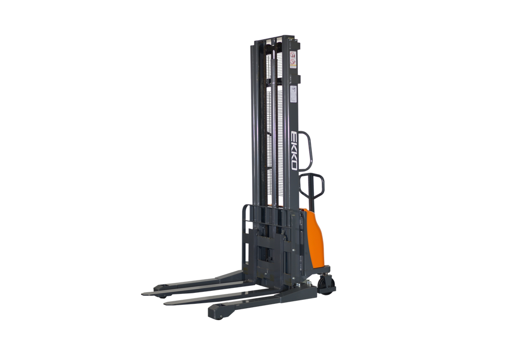 EKKO EA15A-138 Semi-Electric Pallet Stacker – 3,300 lb Capacity, 138" Lift, Adjustable Forks, 24V Maintenance Free Battery-Manual and Semi-Electric Stacker-EKKO-Equipment Nation