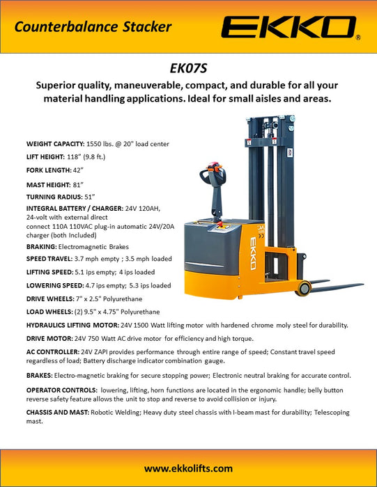 EKKO EK07S Counterbalance Walkie Stacker 1550lb - view 3