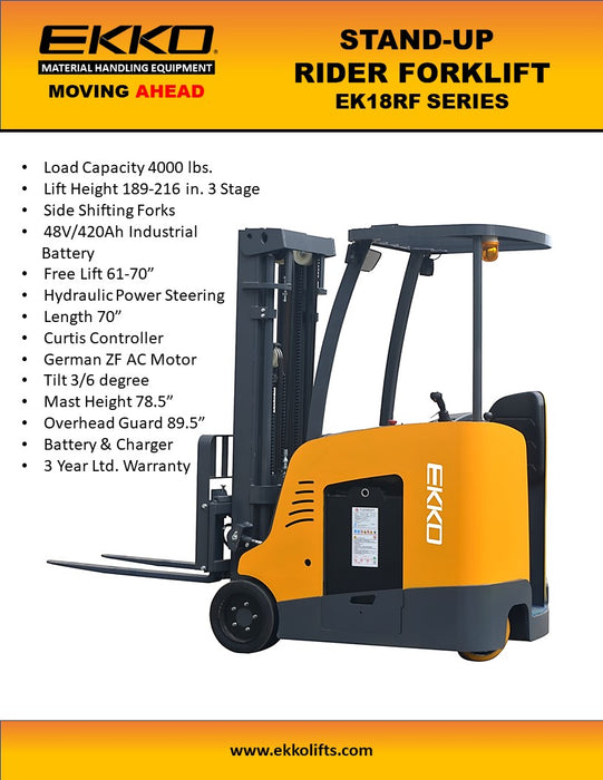 EKKO EK18RFL Stand-up Rider Forklift, 4000 lb Capacity, 189" Lift Height 48V - view 2