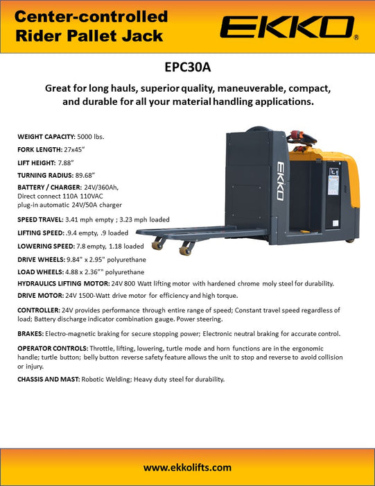 EKKO EPC30A Center-Controlled Rider Pallet Jack 5000lb Capacity - view 5