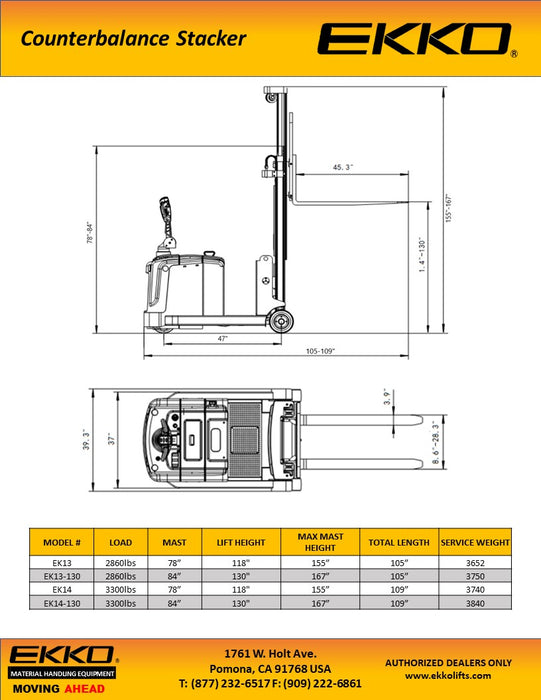 EKKO EK14-118/130 Counterbalanced Walkie Stacker 3300 lb - view 3