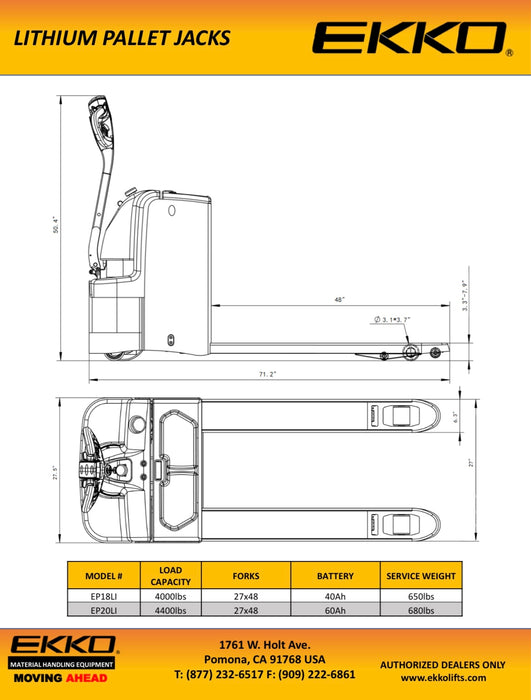 EKKO EP18Li Lithium Iron Walkie Pallet Jack 4000 lb Capacity - view 5