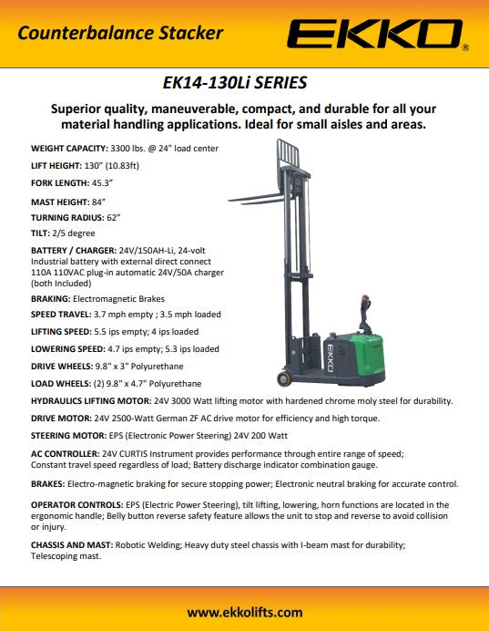 EKKO EK14S-130Li Lithium Counterbalanced Walkie Stacker SIDE-SHIFTING - view 4