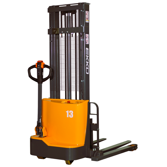 EKKO EB13C-118 Fully Electric Straddle Stacker – 2,800 lb Capacity, 118" Lift, 75" Mast, Adjustable Forks, 24V Maintenance Free Battery
