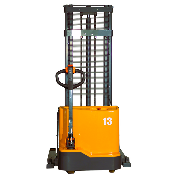 EKKO EB13C-118 Fully Electric Straddle Stacker – 2,800 lb Capacity, 118" Lift, 75" Mast, Adjustable Forks, 24V Maintenance Free Battery