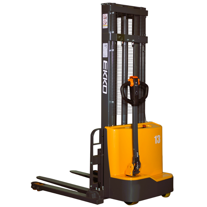EKKO EB13C-118 Fully Electric Straddle Stacker – 2,800 lb Capacity, 118" Lift, 75" Mast, Adjustable Forks, 24V Maintenance Free Battery