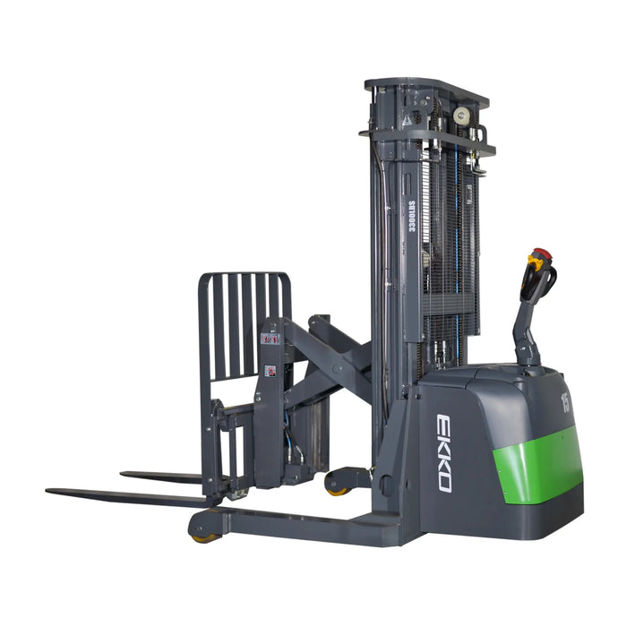 Gray forklift with green accents on a white background, branded 'Ekko'.