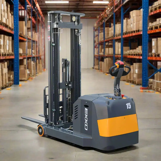 Gray and orange forklift with 'Ekko' branding on a white background