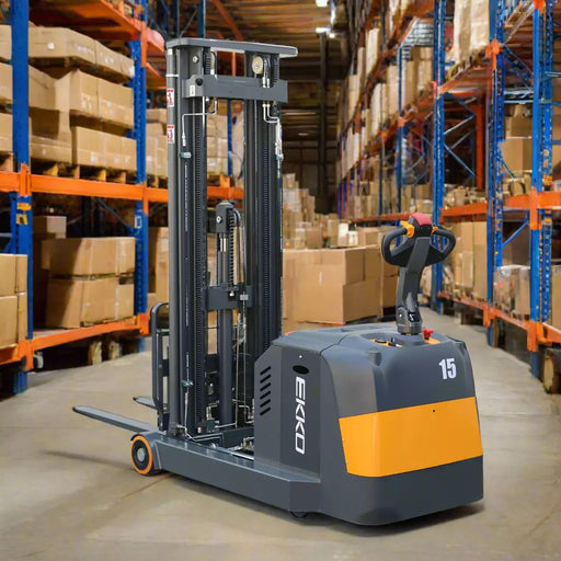 Gray and orange forklift with 'Ekko' branding on a white background