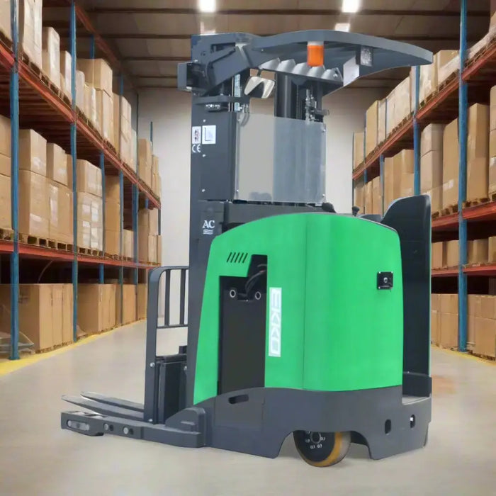 Green and gray forklift on a white background