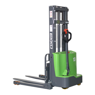 EKKO EB13C-145Li Electric Walkie Stacker – 2,800 lb Capacity, 145" Lift, 98.8" Mast, Adjustable Forks, 24V Lithium Battery