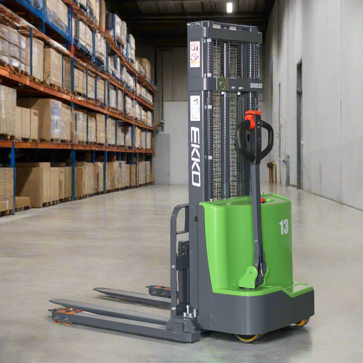 Green and gray forklift with 'Ekko' branding on a white background