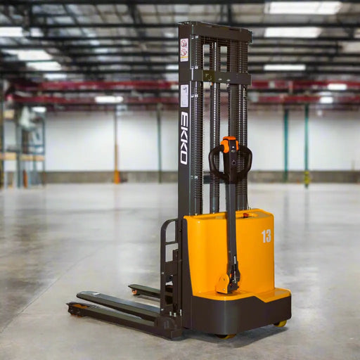 EKKO EB13C-118 Fully Electric Walkie Stacker – 2,800 lb Capacity, 118" Lift, 75" Mast, Adjustable Forks, 24V Maintenance Free Battery EKKO