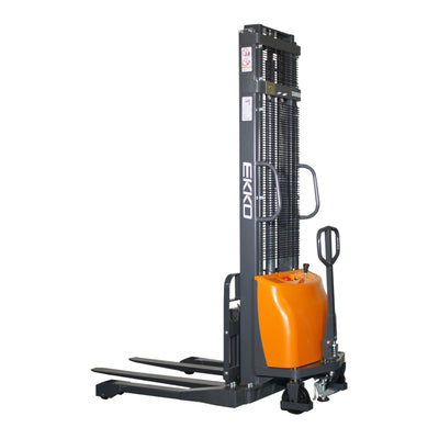 EKKO EA15A Semi-Electric Walkie Stacker – 3,300 lb Capacity, 118" Lift, Adjustable Forks, 24V Maintenance Free Battery