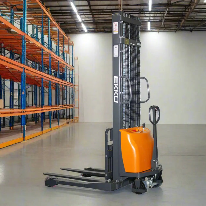 EKKO EA15A Semi-Electric Walkie Stacker – 3,300 lb Capacity, 118" Lift, Adjustable Forks, 24V Maintenance Free Battery EKKO