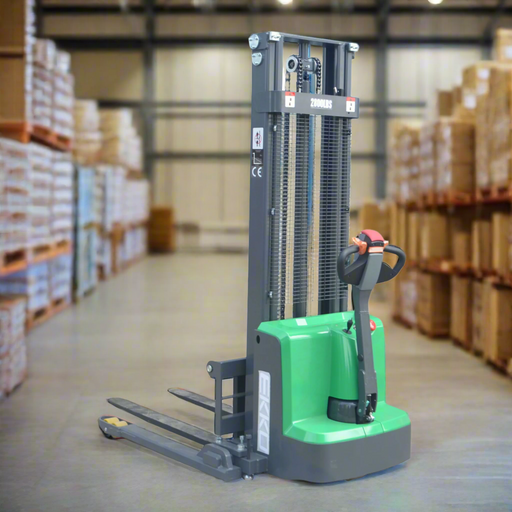 Green and gray forklift on a white background