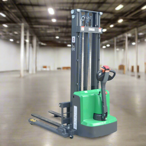 Green and gray forklift on a white background