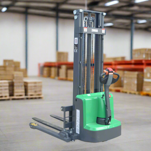 Green and gray forklift on a white background
