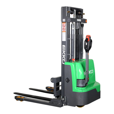 EKKO EB12E-98Li Electric Walkie Stacker – 2,640 lb Capacity, 98" Lift, 72" Mast, Adjustable Forks, 24V Lithium Battery