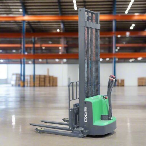 Green and gray forklift on a white background