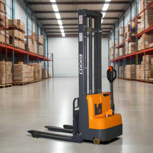 EKKO EB14C-138 Electric Walkie Stacker – 3,000 lb Capacity, 138" Lift, 94.2" Mast, Adjustable Forks, 24V Maintenance Free Battery EKKO