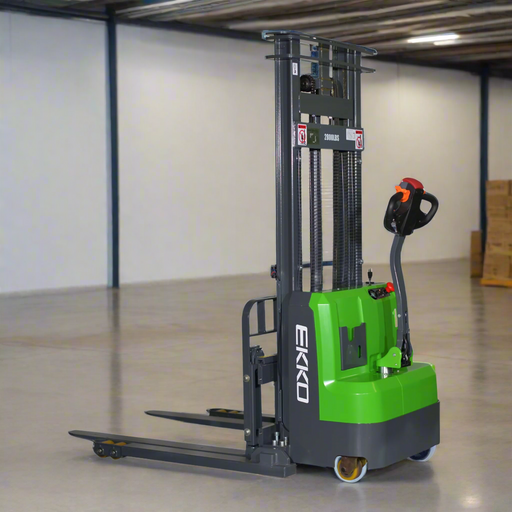 EKKO EB14C-118Li Electric Walkie Stacker – 3,000 lb Capacity, 118" Lift, 85" Mast, Adjustable Forks, 24V Lithium Battery EKKO