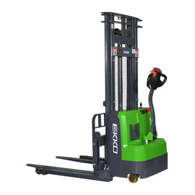 EKKO EB14CS-138Li Electric Walkie Stacker – 3,000 lb Capacity, 138" Lift, 91.5" Mast, Side Shift, Adjustable Forks, 24V Lithium Battery