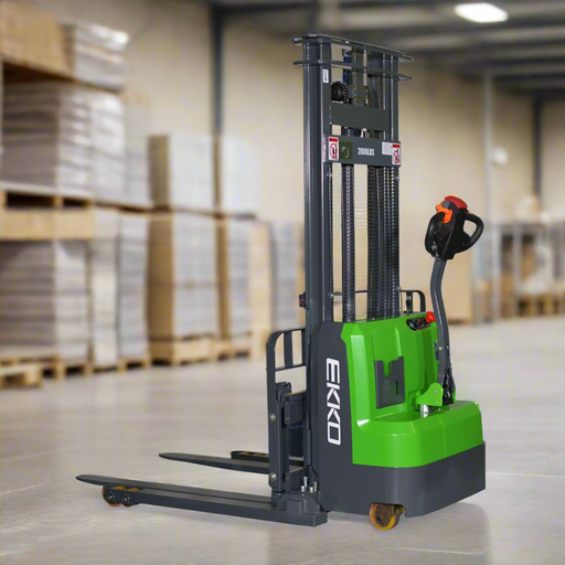 EKKO EB14C-98Li Electric Walkie Stacker – 3,000 lb Capacity, 98" Lift, 75.2" Mast, Adjustable Forks, 24V Lithium Battery EKKO