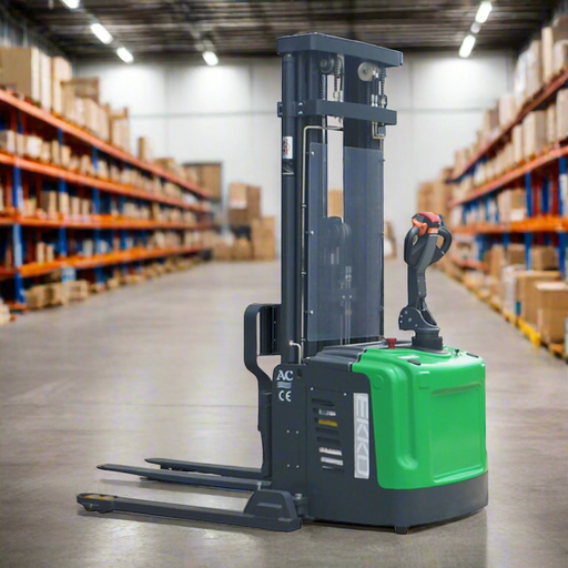 Green and black forklift on a white background