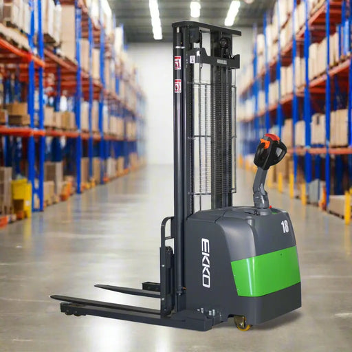 Gray and green forklift with 'Ekko' branding on a white background
