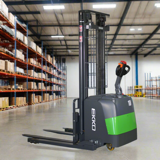 Gray and green forklift with 'Ekko' branding on a white background