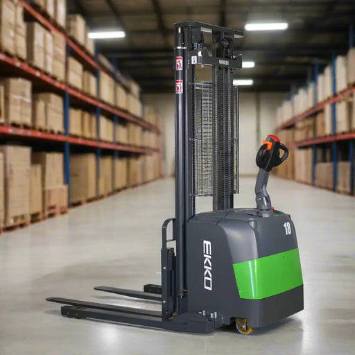 Gray and green forklift with 'Ekko' branding on a white background