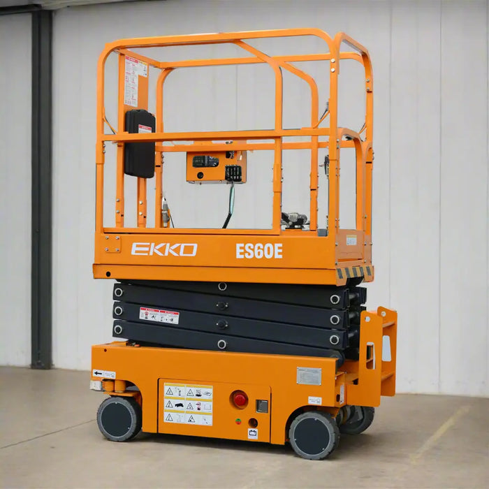 Orange EKKO ES60E scissor lift on a white background