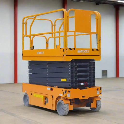 Yellow scissor lift with 'Ekko' branding on a white background