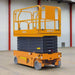 Yellow scissor lift with 'Ekko' branding on a white background