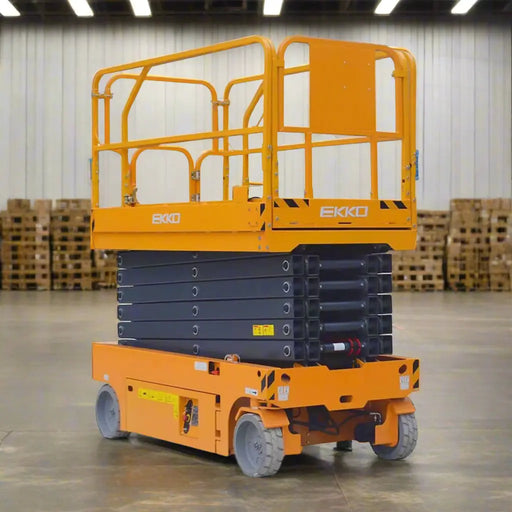 Yellow scissor lift with 'Ekko' branding on a white background