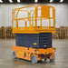 Yellow scissor lift with 'Ekko' branding on a white background