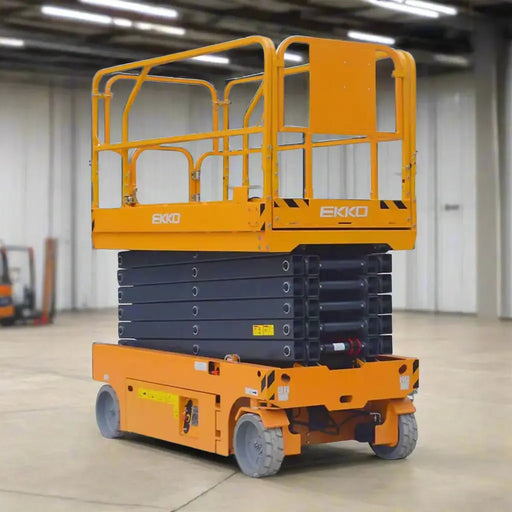 Yellow scissor lift with 'Ekko' branding on a white background