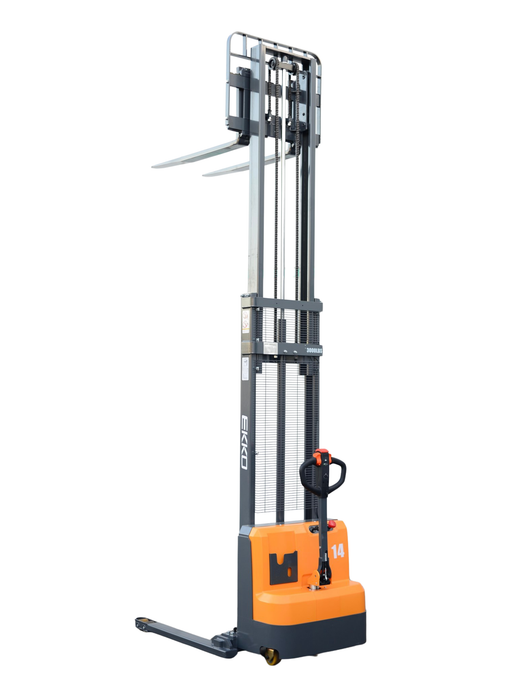 EKKO EB14C Electric Walkie Stacker – 3,000 lb Capacity, 118" Lift, 85" Mast, Adjustable Forks, 24V Maintenance Free Battery EKKO