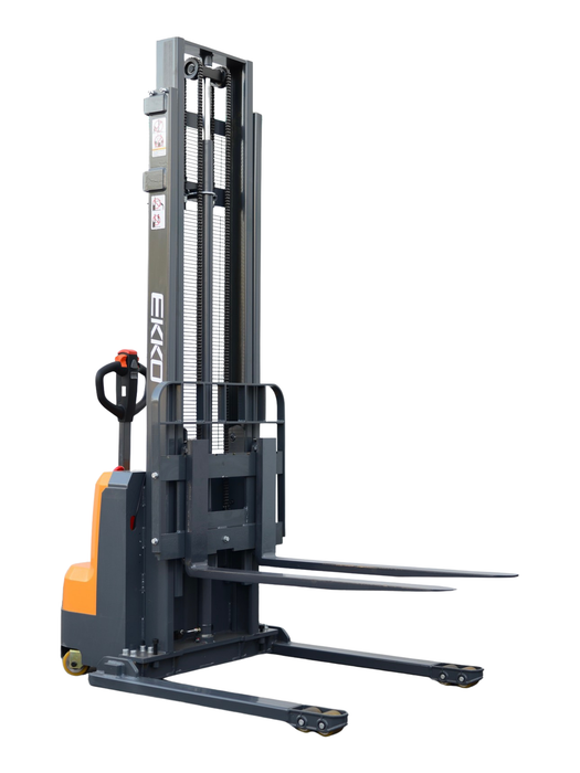 EKKO EB14C Electric Walkie Stacker – 3,000 lb Capacity, 118" Lift, 85" Mast, Adjustable Forks, 24V Maintenance Free Battery EKKO