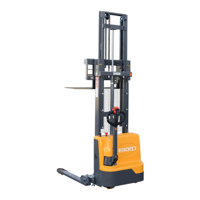 EKKO EB12EA Fully Electric Walkie Stacker – 3,000 lb Capacity, 145.67" Lift, 95.67" Mast, Adjustable Forks, 24V Maintenance Free Battery