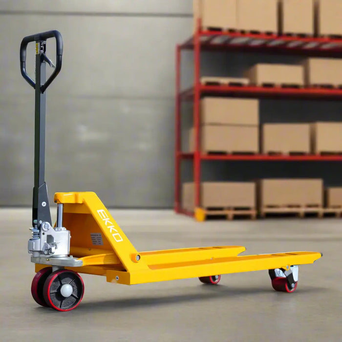 Yellow pallet truck with 'Exko' branding on a white background