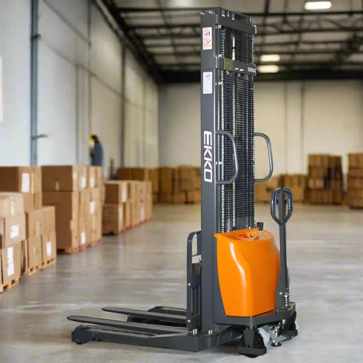 EKKO pallet stacker with an orange container on a white background