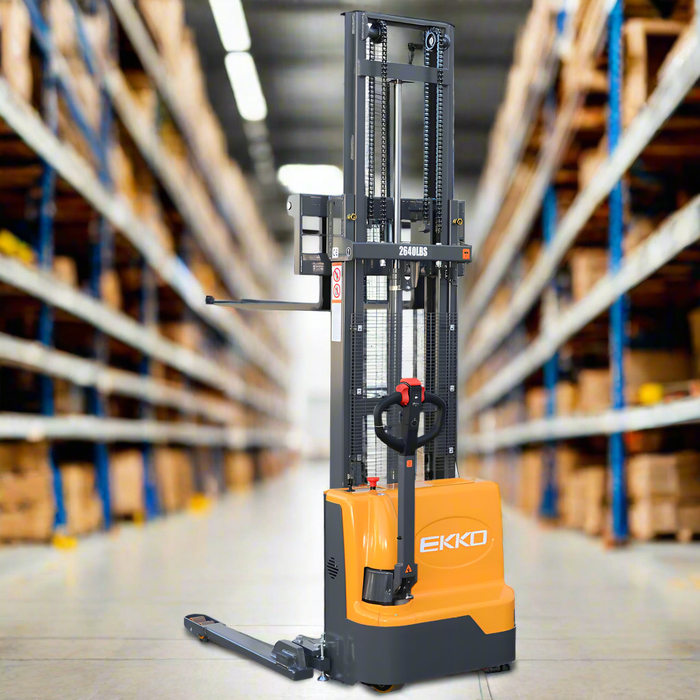 EKKO EB12E Fully Electric Pallet Stacker – 2,640 lb Capacity, 119.4" Lift, 82" Mast, Adjustable Forks, 24V Maintenance Free Battery